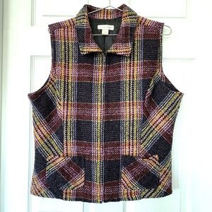Christopher & Banks Womens LRG Plaid Textured Zip Front Vest Lined Pockets EUC!